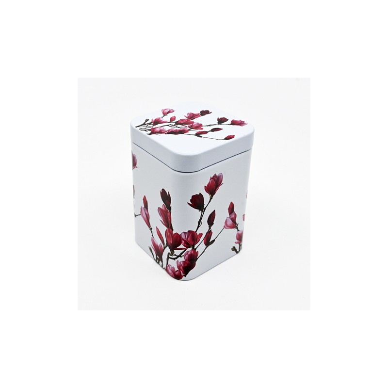 Boîte à thé carré blanche motifs de magnolia 50g - Secret d'arômes
